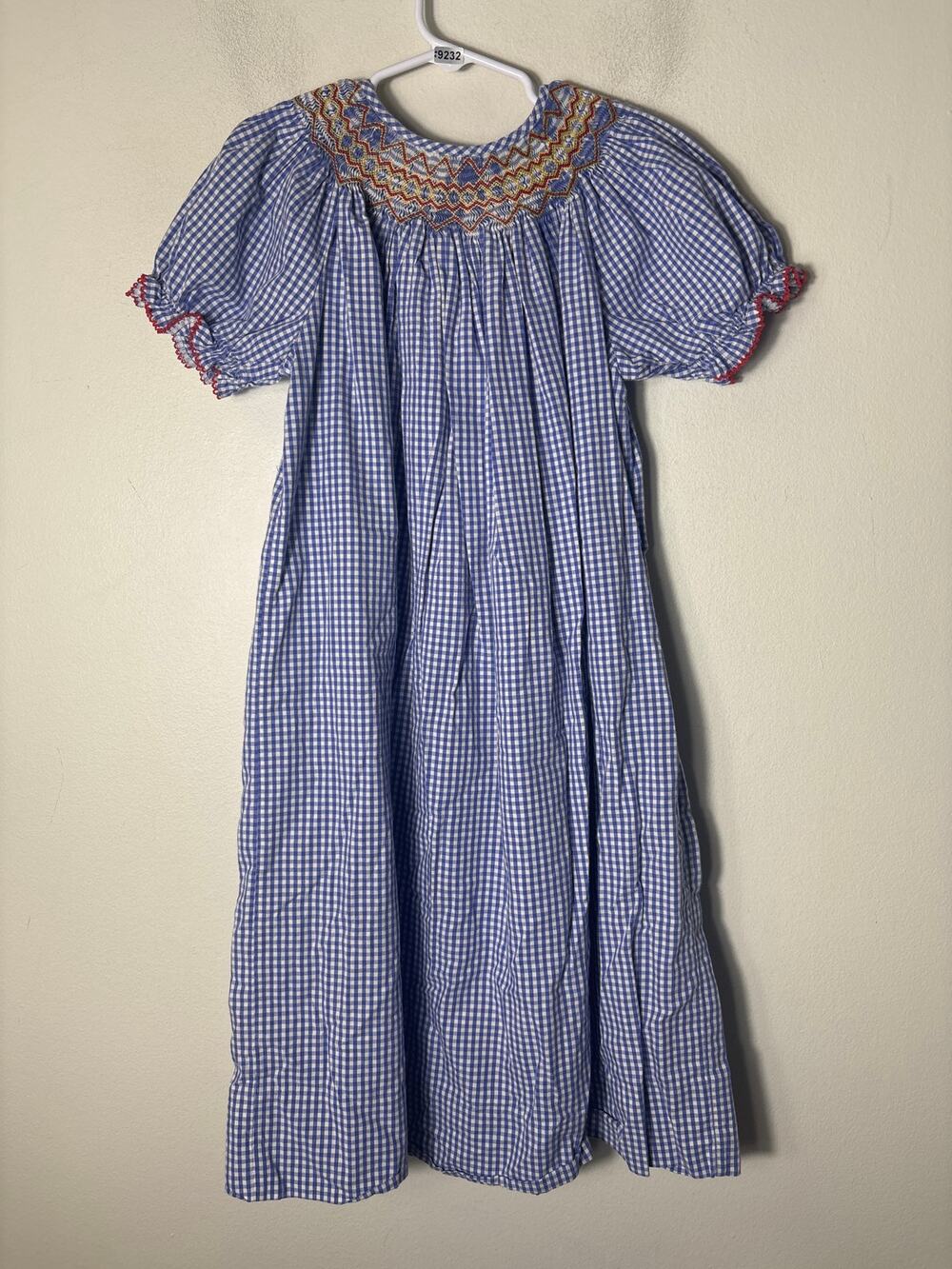 Girls Vintage Blue&White Check puff sleeve Dress Smocked Sz 6x